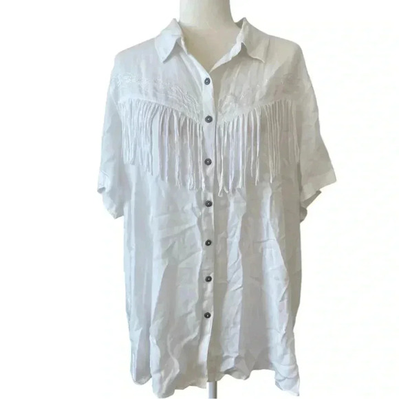 Back In The Saddle Vintage White Fringe Blouse Size 2X Button Down Western Rayon - Picture 1 of 7